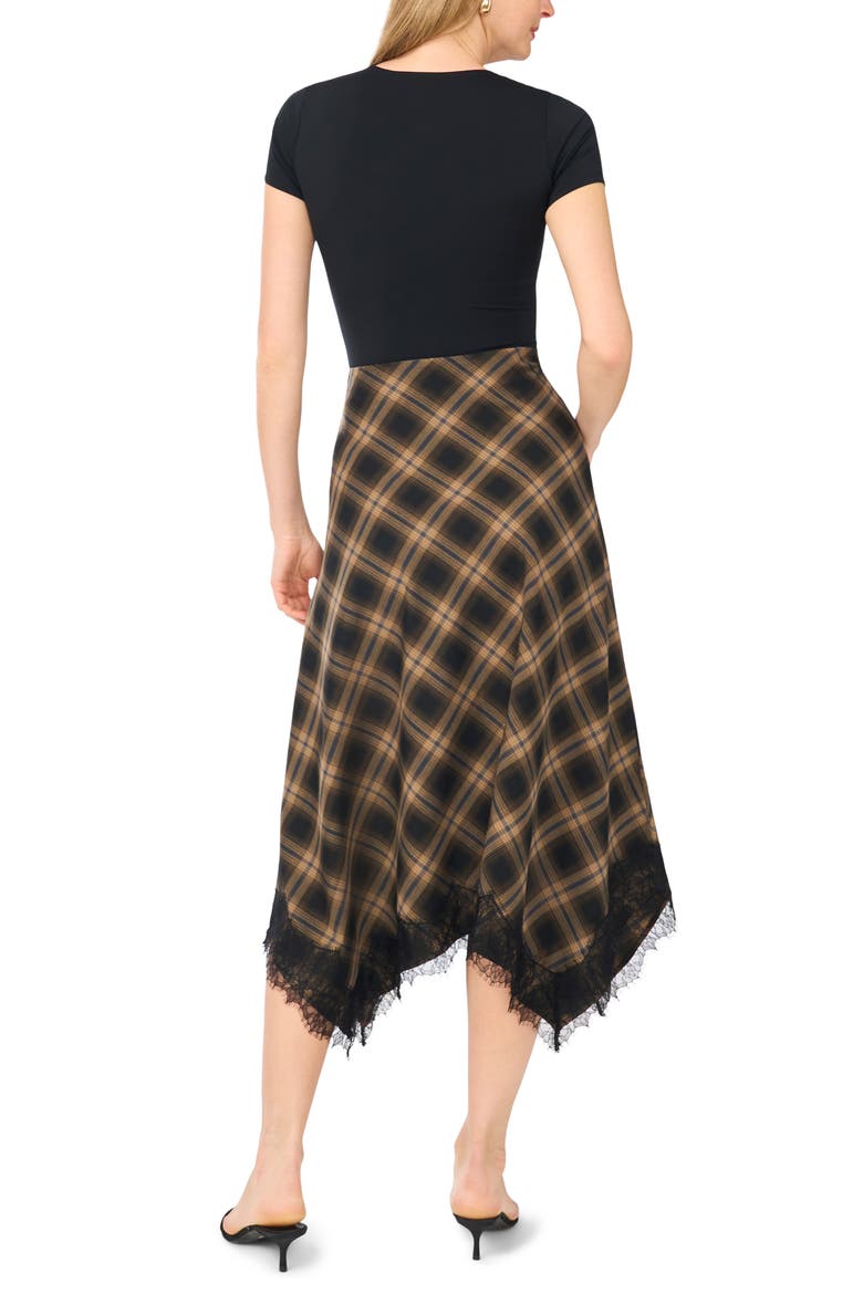 Plaid Lace Trim Asymmetric Midi Skirt, Alternate, color, RICH BLACK