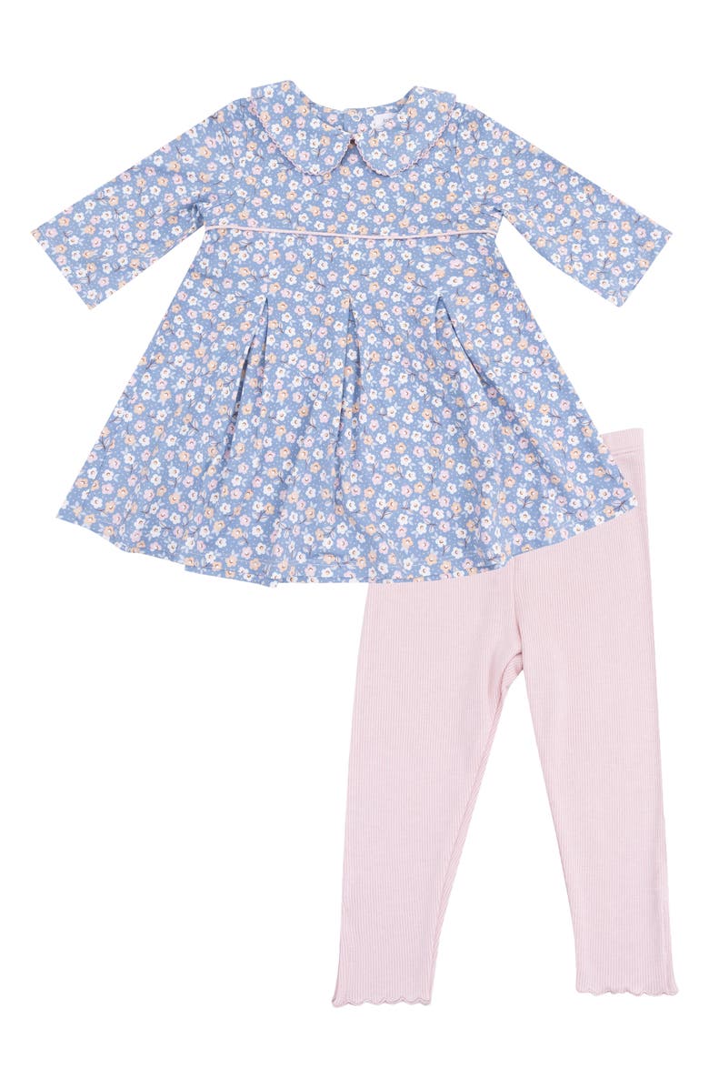 Angel Dear Kids' Country Calico Pleated Dress & Leggings Set, Main, color, Blue/ Pink