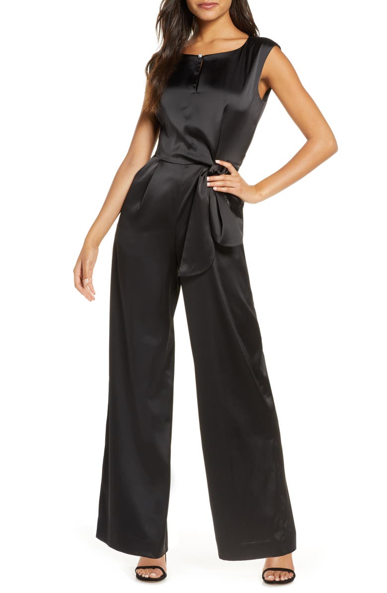 Tahari Tie Waist Satin Jumpsuit, Main, color, 