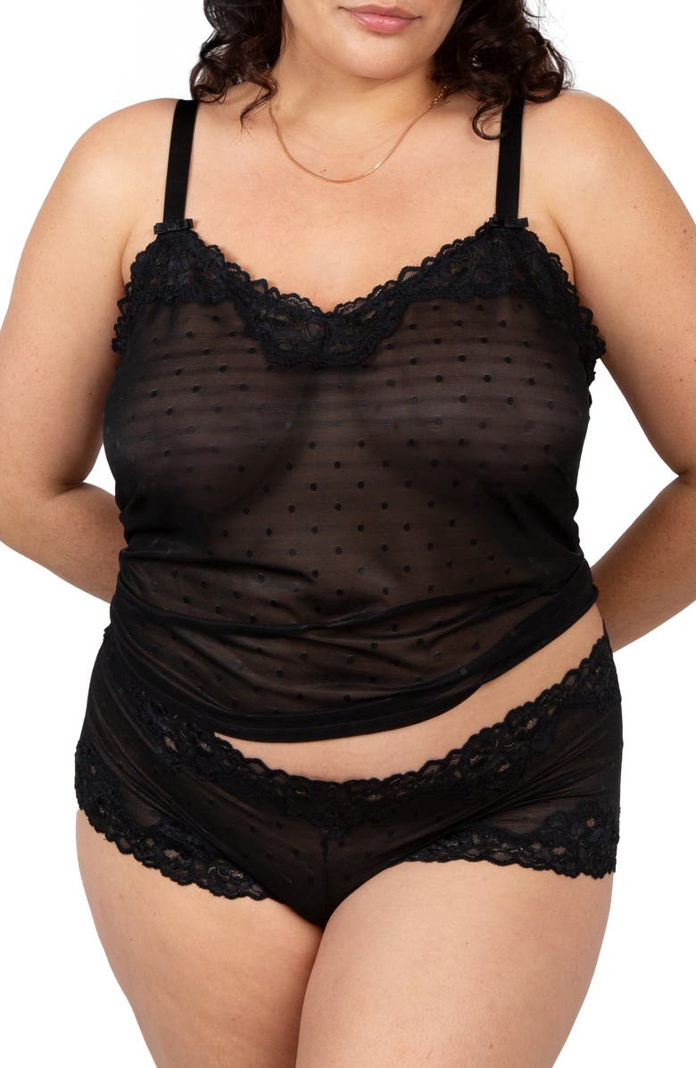 Curvy Couture Sheer Whisper Camisole & Boyshorts Set, Main, color, Onyx
