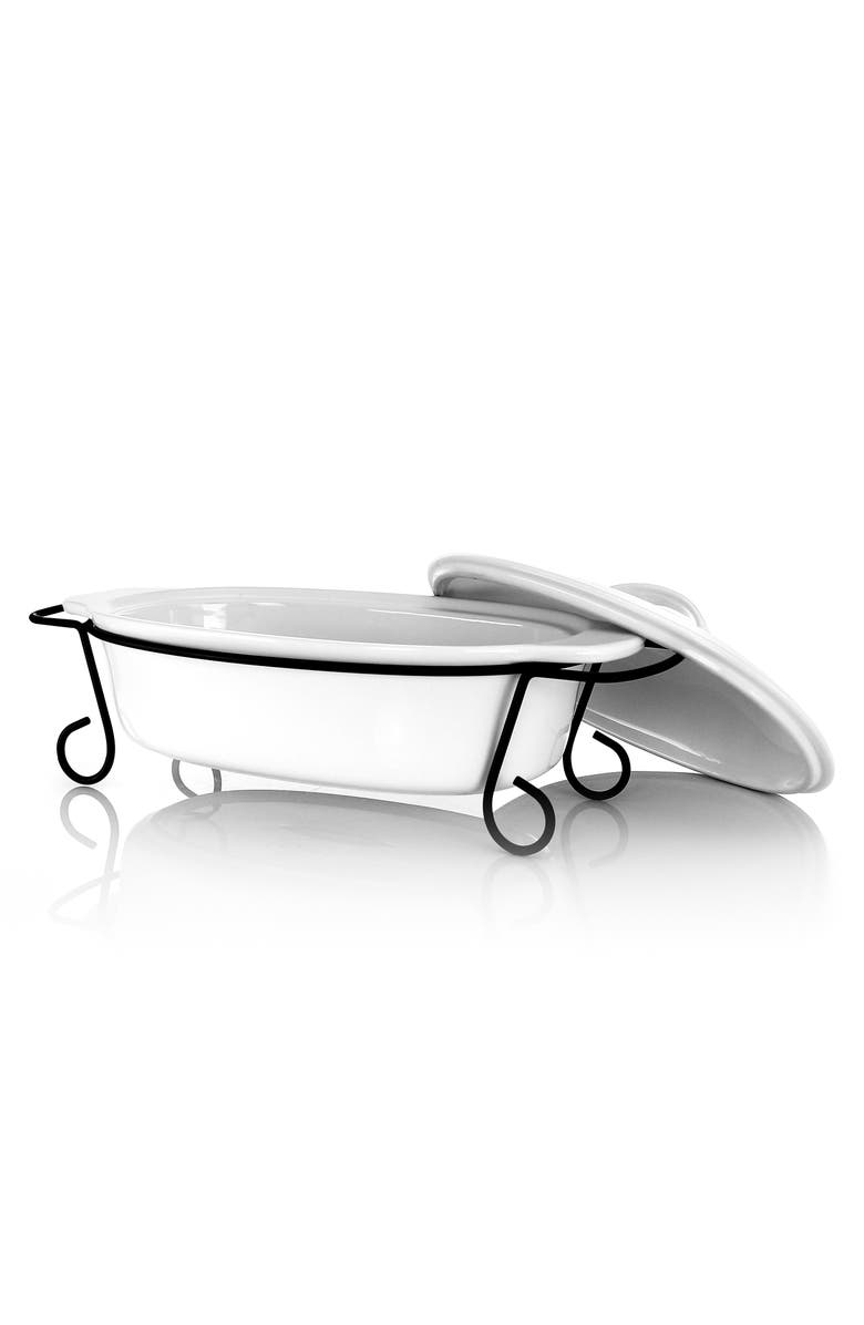 Gibson Home Gracious Dining 2 Piece Oval Stoneware Bakeware with Lid and Metal Rack, Alternate, color, White