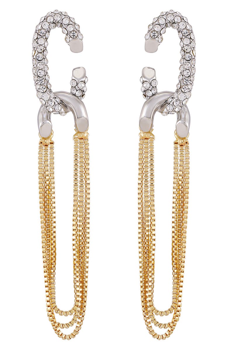 Vince Camuto Pavé Crystal Two-Tone Chain Drop Hoop Earrings, Main, color, Gold Tone