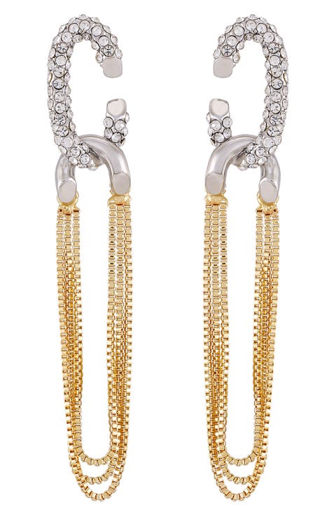 Pavé Crystal Two-Tone Chain Drop Hoop Earrings