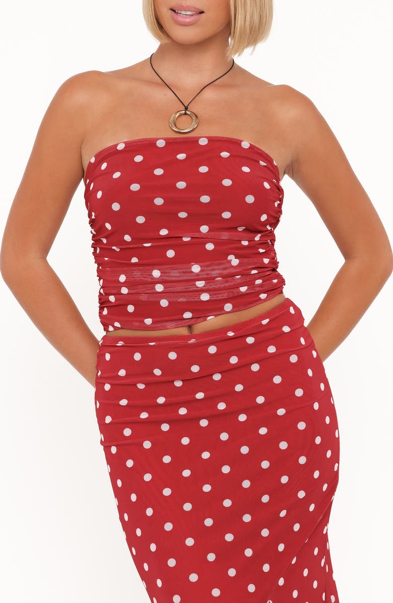 Petal & Pup Tullia Polka Dot Strapless Mesh Top, Main, color, Red Polka Dot