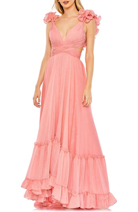 Ruffle Sleeve V Neck A Line Gown
