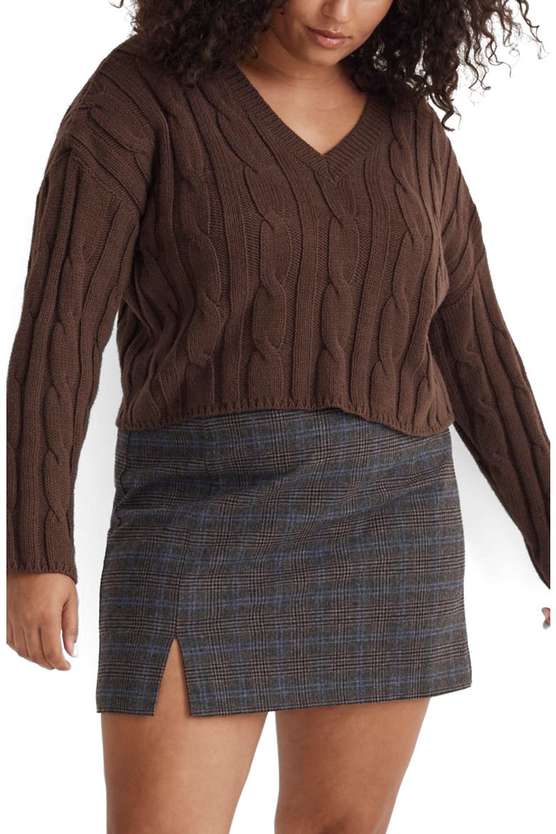 Cable Knit V-Neck Crop Sweater, Alternate, color, DARK COFFEE