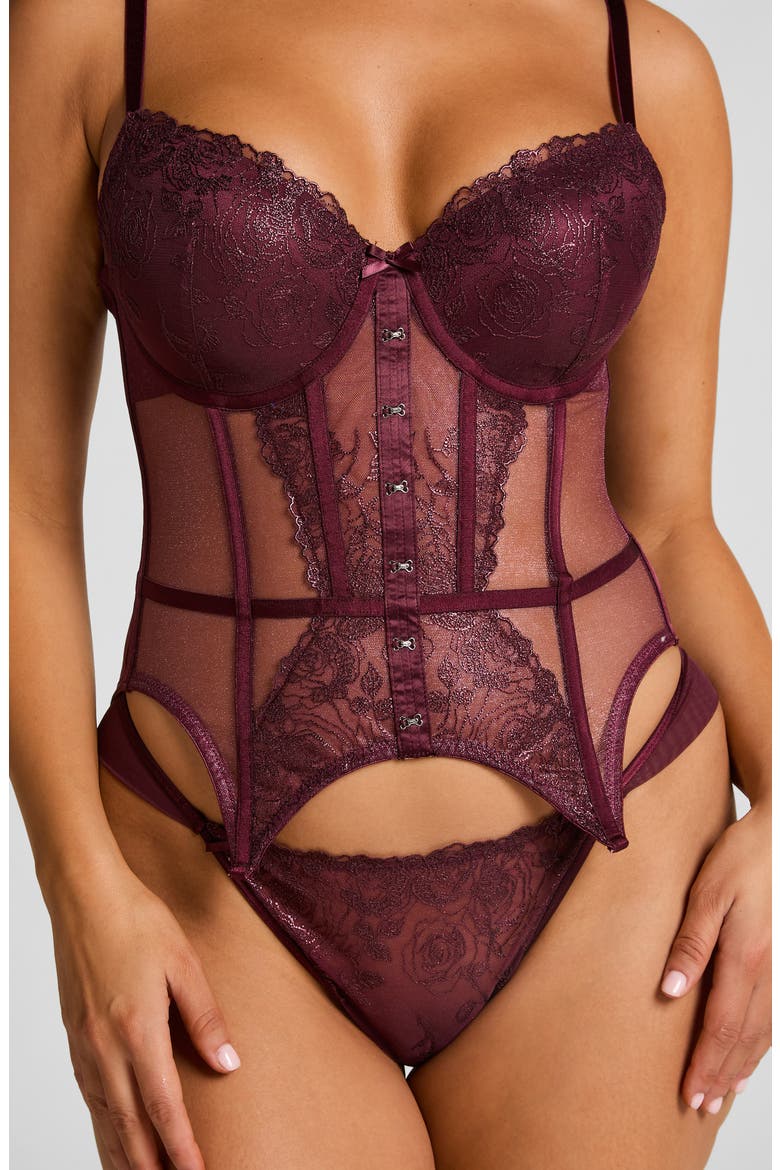 Hollie Embroidered Underwire Bustier with Garter Straps, Alternate, color, FIG