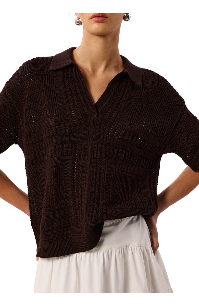 Whistles Open Front Crochet Polo Shirt, Alternate, color, Chocolate