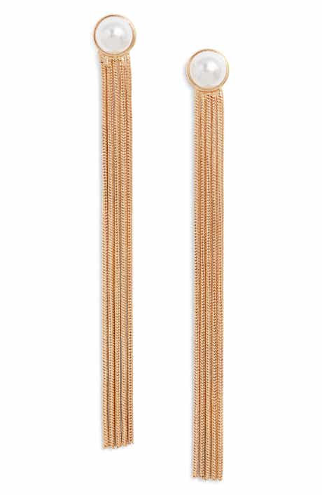 Open Edit Cultured Pearl Chain Fringe Drop Earrings