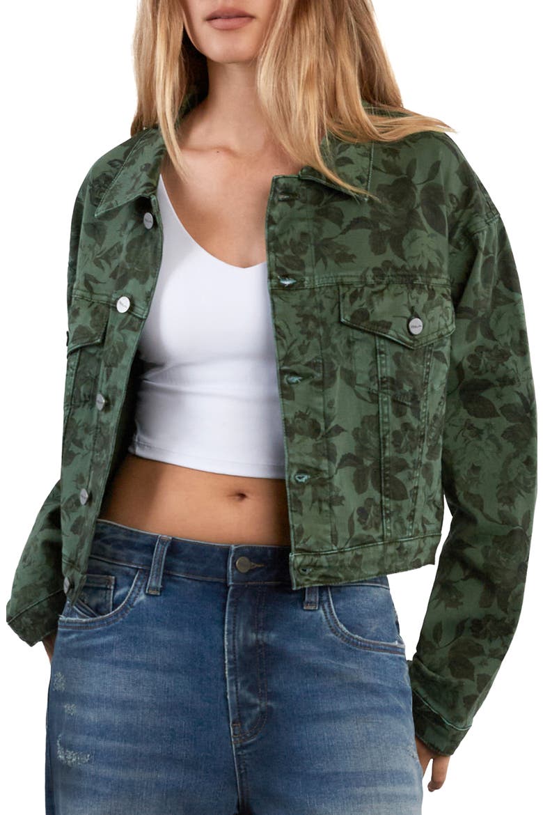 Print Crop Denim Jacket, Main, color, GREEN GARDEN