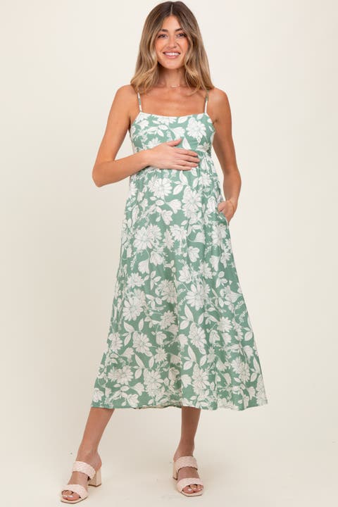 Olive Floral Sleeveless Midi Dress
