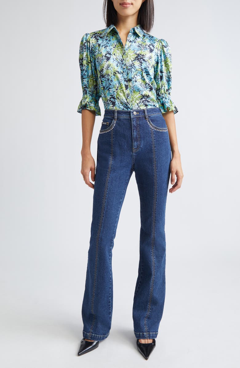 Cinq à Sept Fiona Dahlia Print Button-Up Shirt, Alternate, color, Tropical Sky Multi