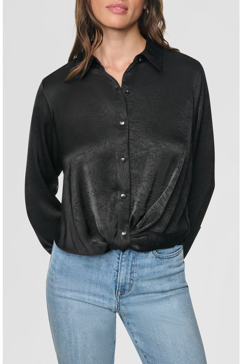 Twist Front Crinkle Satin Shirt, Main, color, BLACK