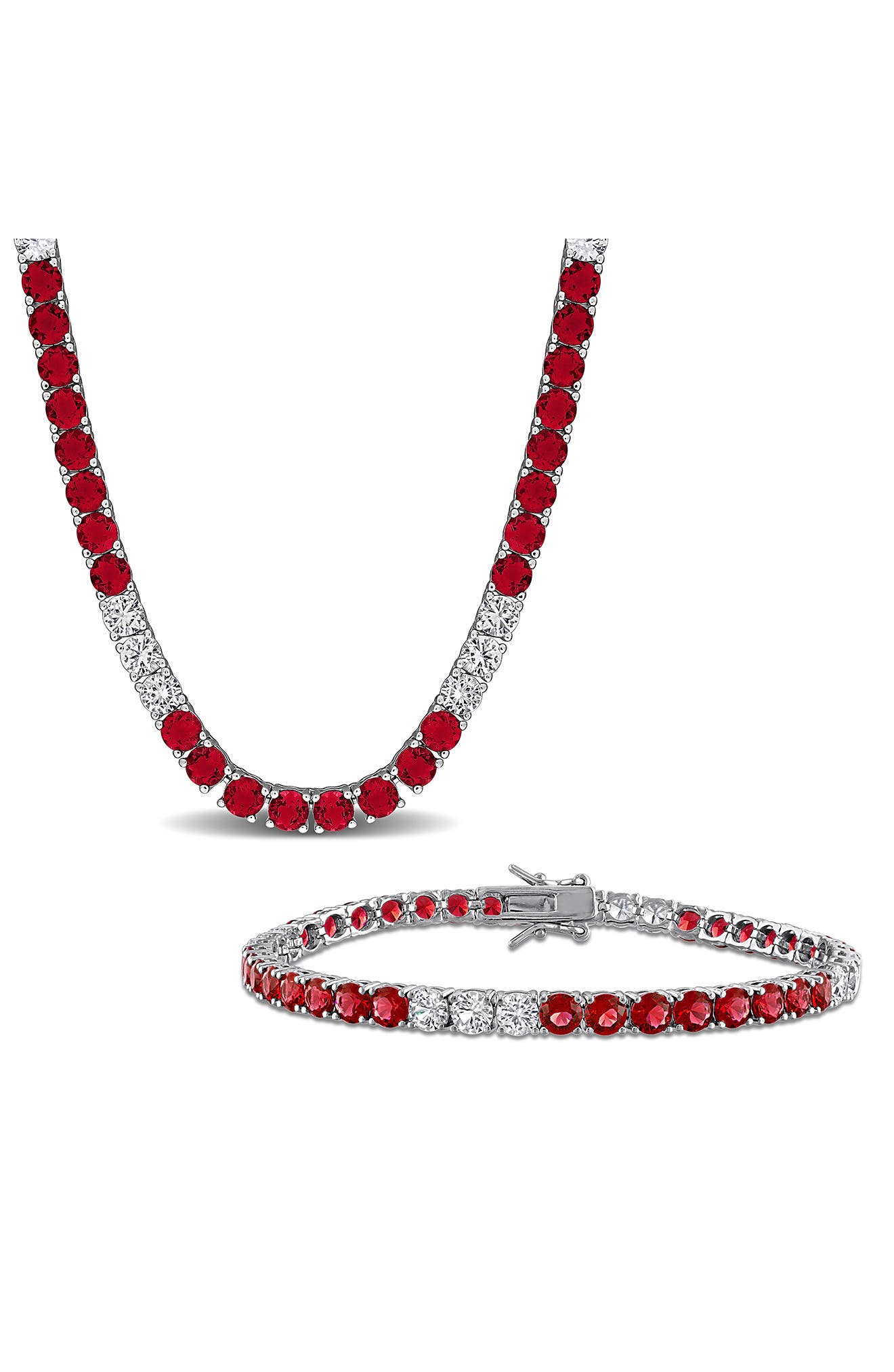 DELMAR Lab Created Ruby & Lab Created White Sapphire Tennis Bracelet & Necklace Set