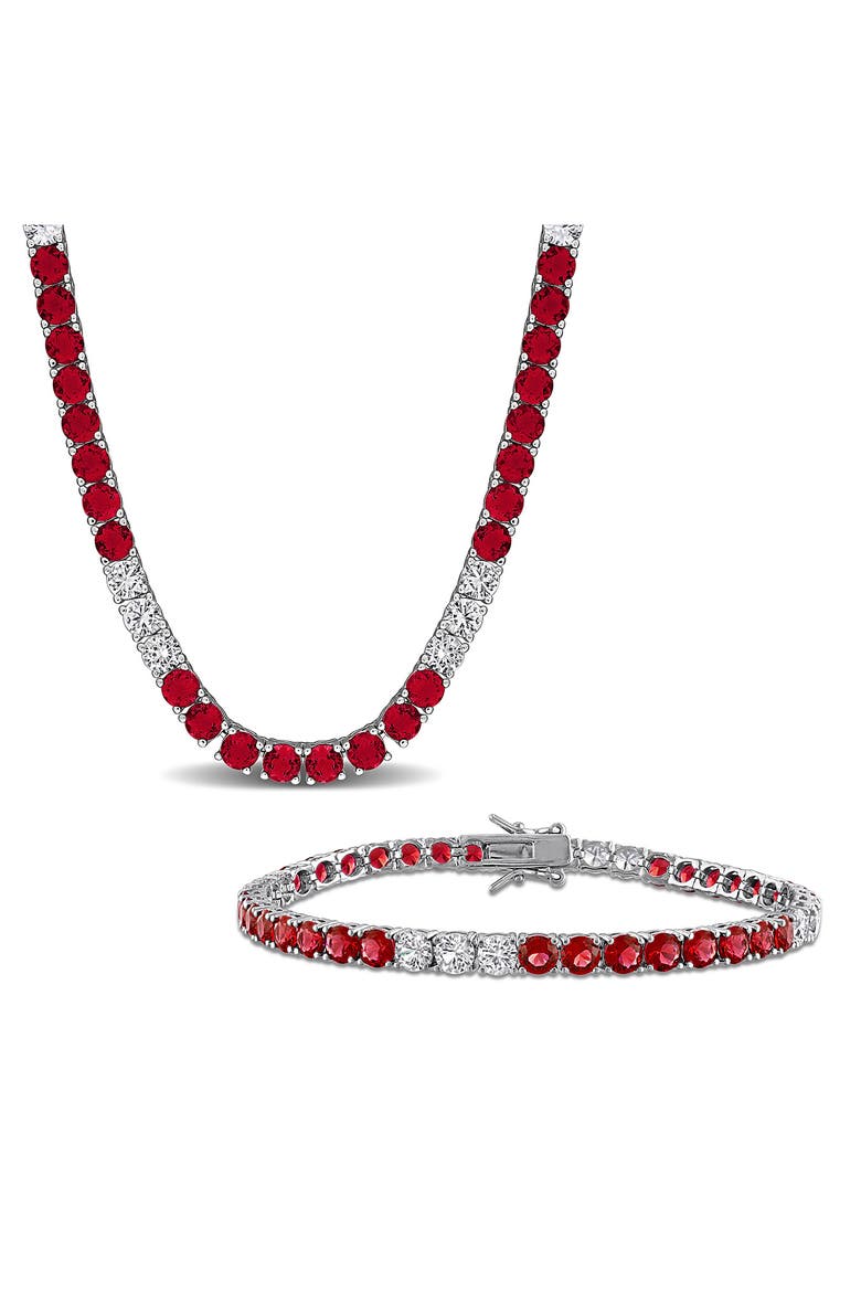 Lab Created Ruby & Lab Created White Sapphire Tennis Bracelet & Necklace Set, Main, color, RED