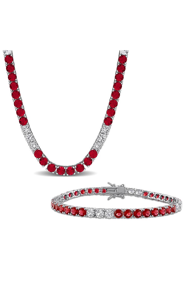 DELMAR Lab Created Ruby & Lab Created White Sapphire Tennis Bracelet & Necklace Set, Main, color, Red