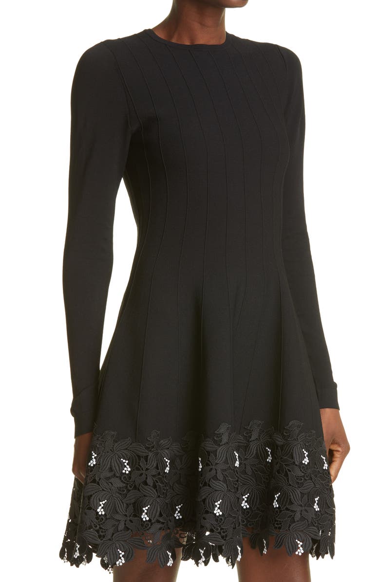 Lela Rose Lace Trim Long Sleeve Knit Dress, Alternate, color,