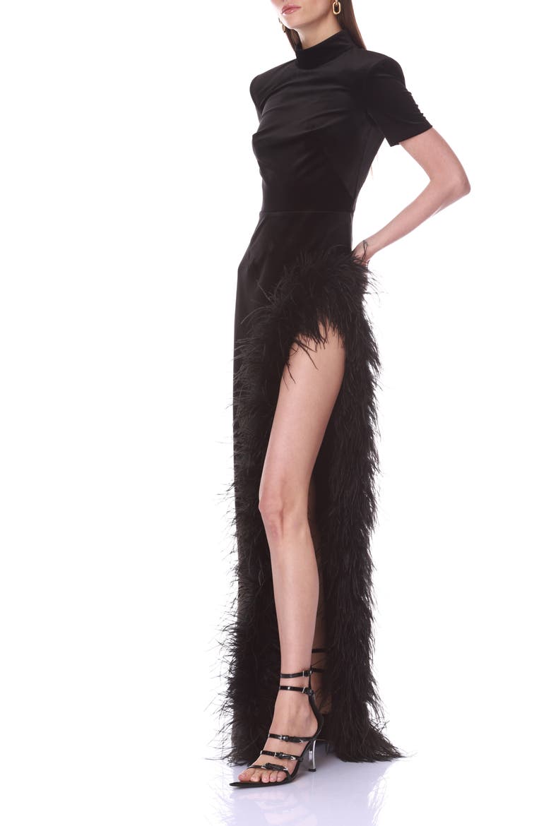Feather Trim Velvet Maxi Dress, Alternate, color, BLACK