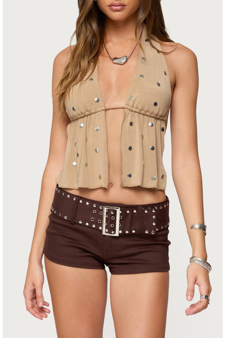 Studded Faux Suede Split Front Halter Top, Main, color, MOCHA
