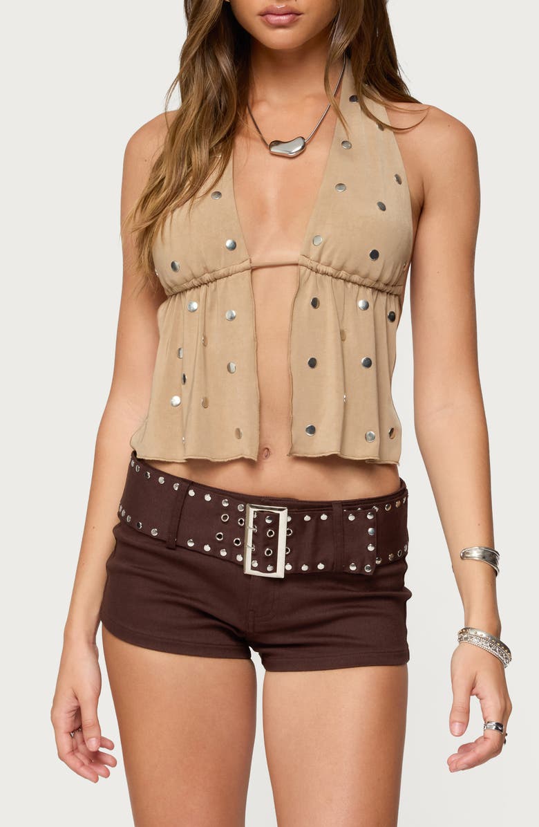 EDIKTED Studded Faux Suede Split Front Halter Top, Main, color, Mocha