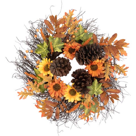 Sunflowers and Pinecones Artificial Fall Harvest Twig Wreath - 24"