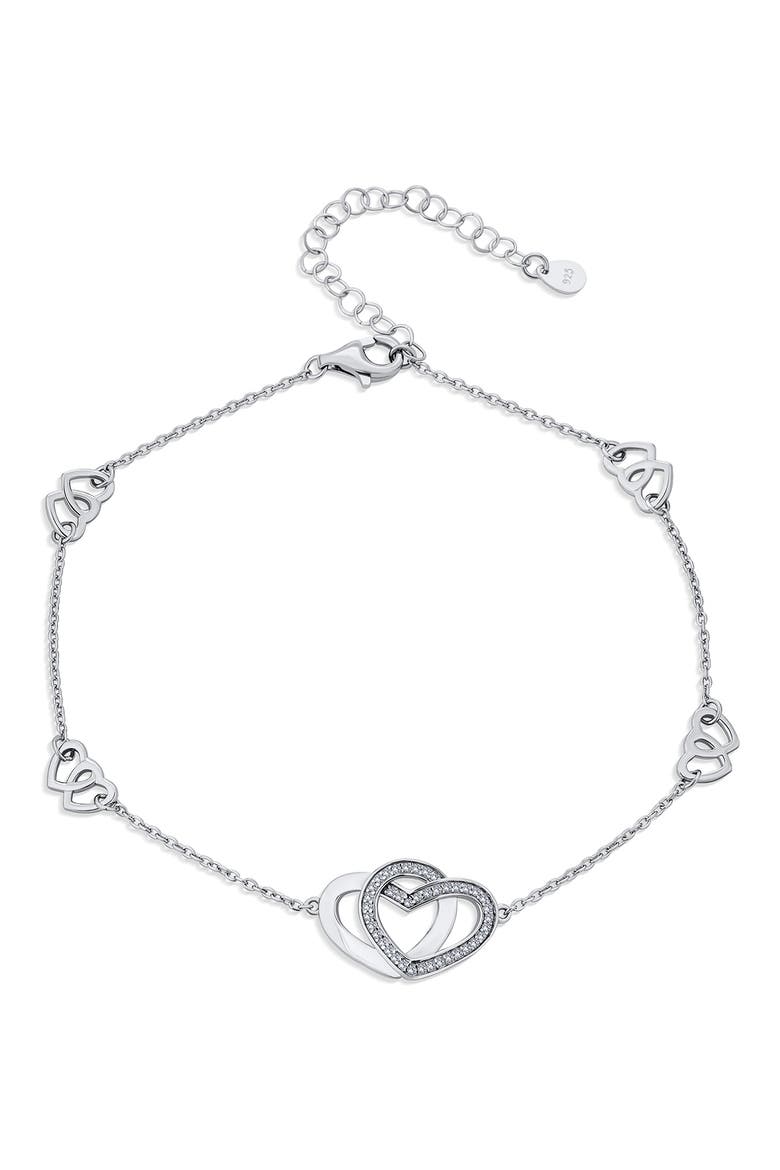 Romantic Pavé Cubic Zirconia Heart Anklet, Main, color, SILVER