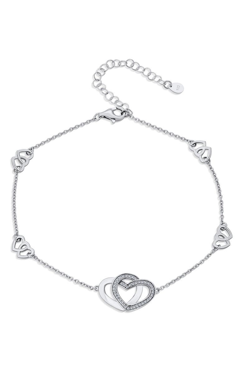 BLING JEWELRY Romantic Pavé Cubic Zirconia Heart Anklet, Main, color, 