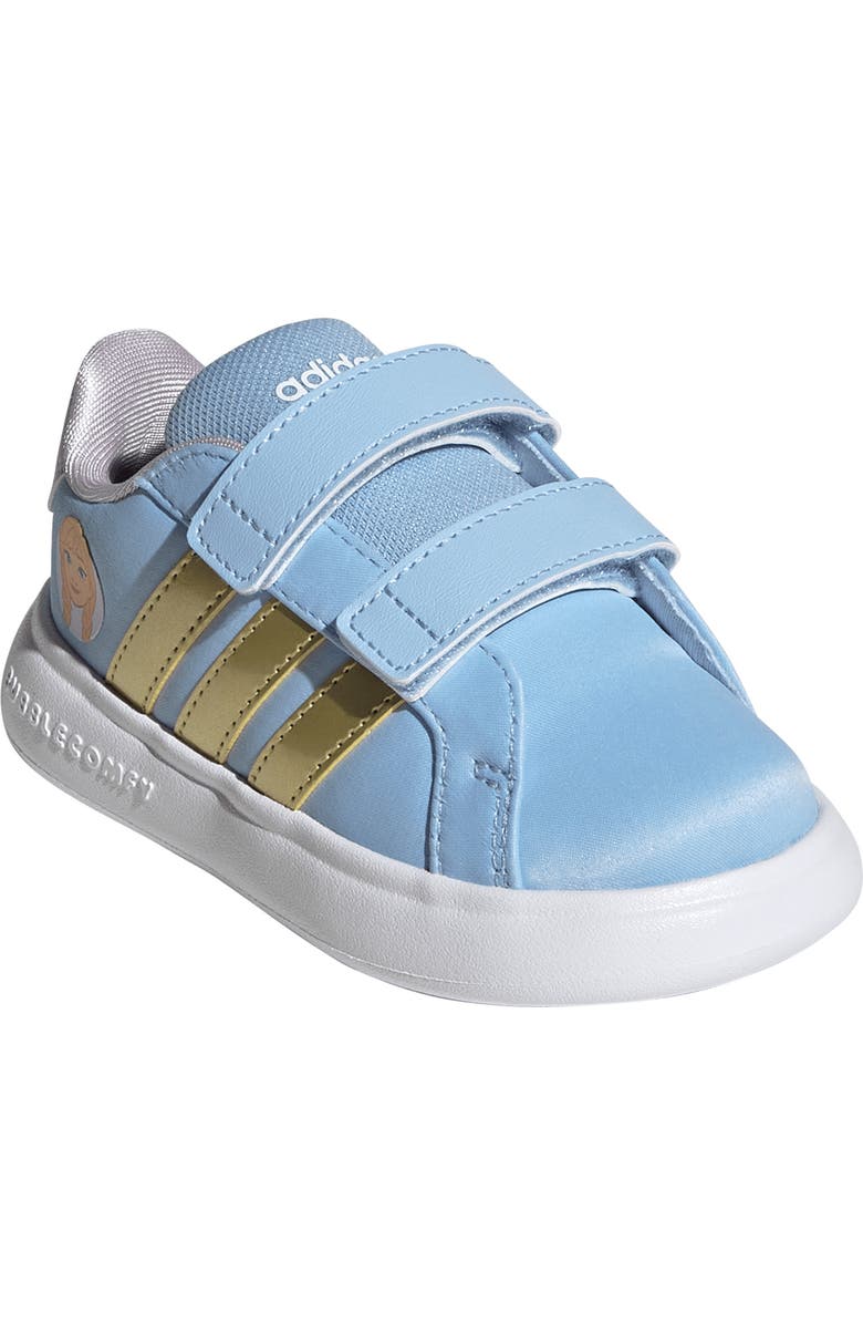adidas x Disney<sup>®</sup> Kids' Grand Court Anna Sneaker, Main, color, Glow Blue/ Gold / Lavender