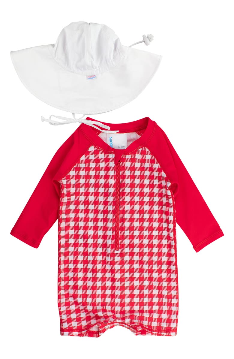 RuggedButts Red Gingham One-Piece Rashguard Swimsuit & Hat Set, Main, color, 