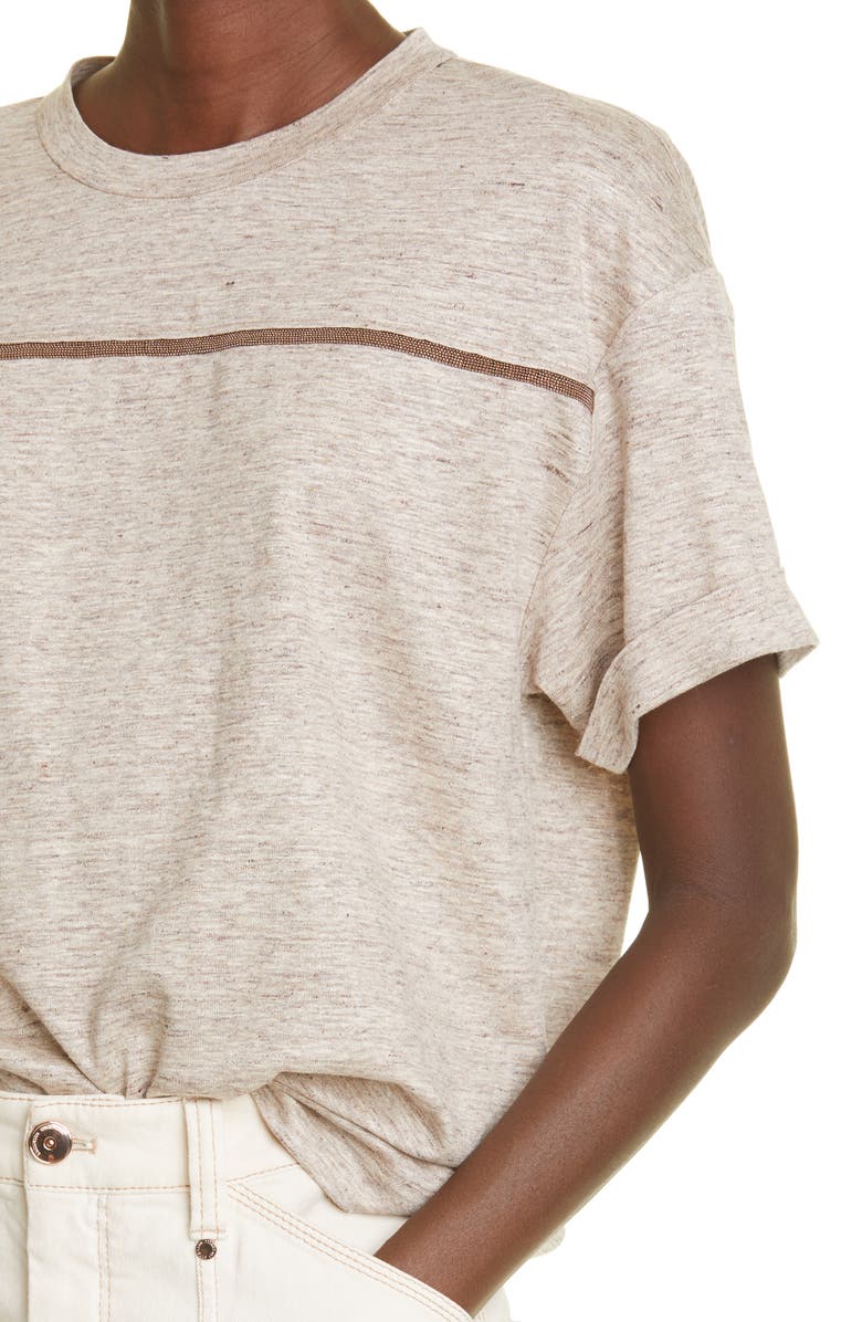 Brunello Cucinelli Monili Stripe Linen Blend T-Shirt, Alternate, color, C024 Brown