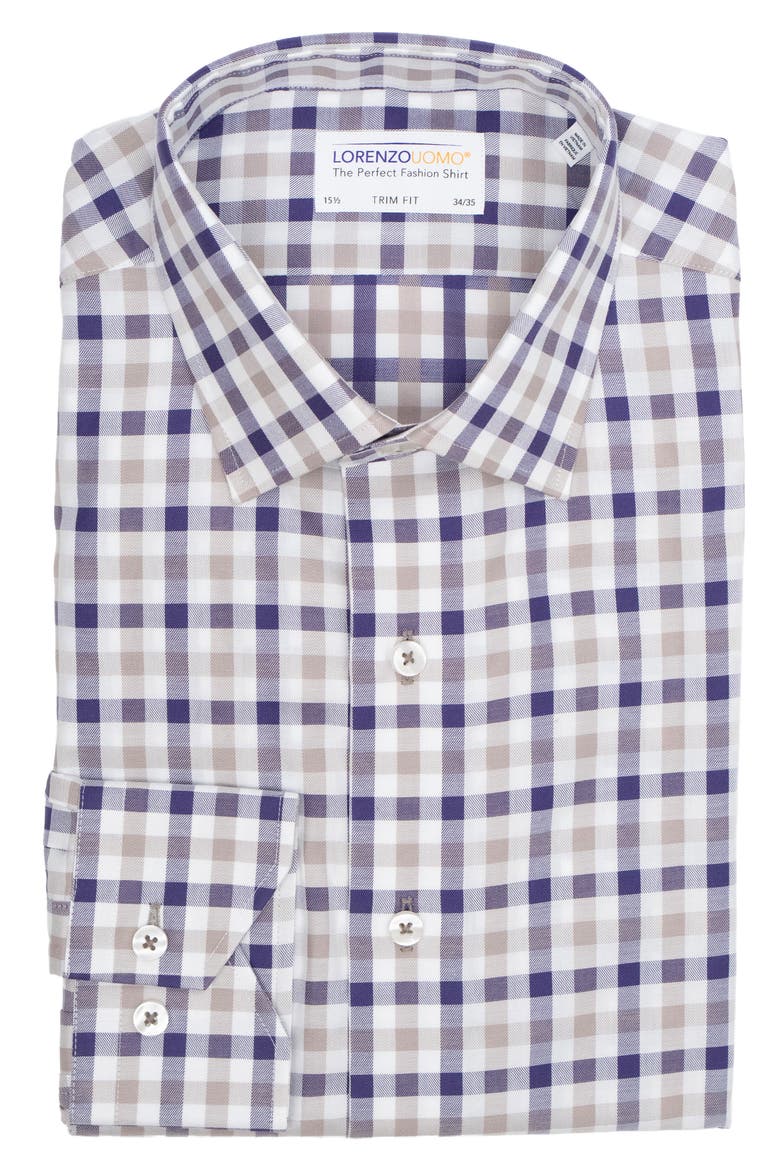 Trim Fit Textured Gingham Dress Shirt, Main, color, PLUM/ TAN