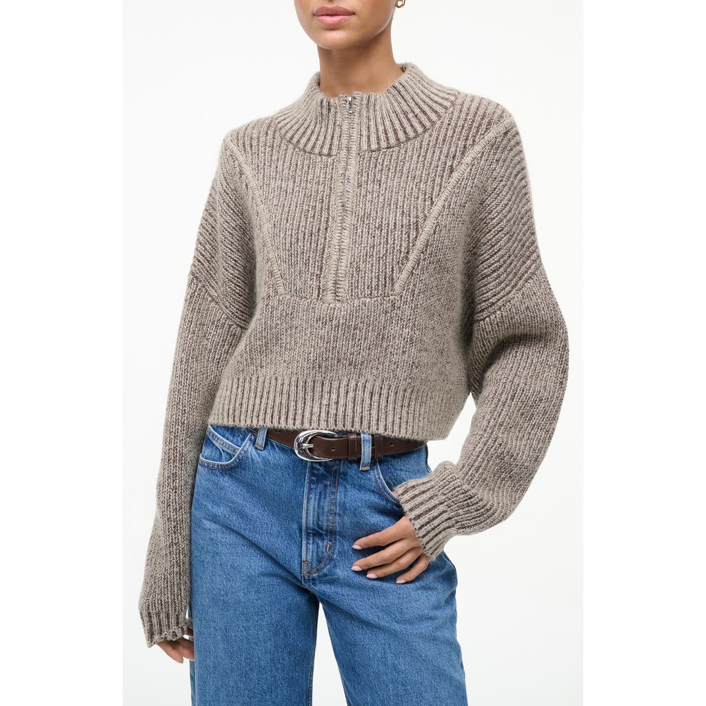 Staud Hampton Crop Cotton Blend Half-zip Sweater In Gray