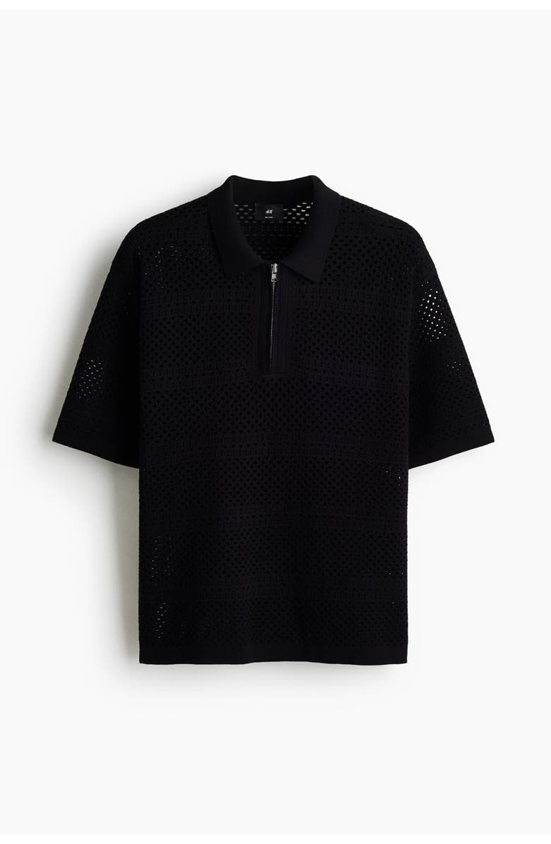 H&M Relaxed Fit Hole-knit Polo Shirt, Main, color, Black