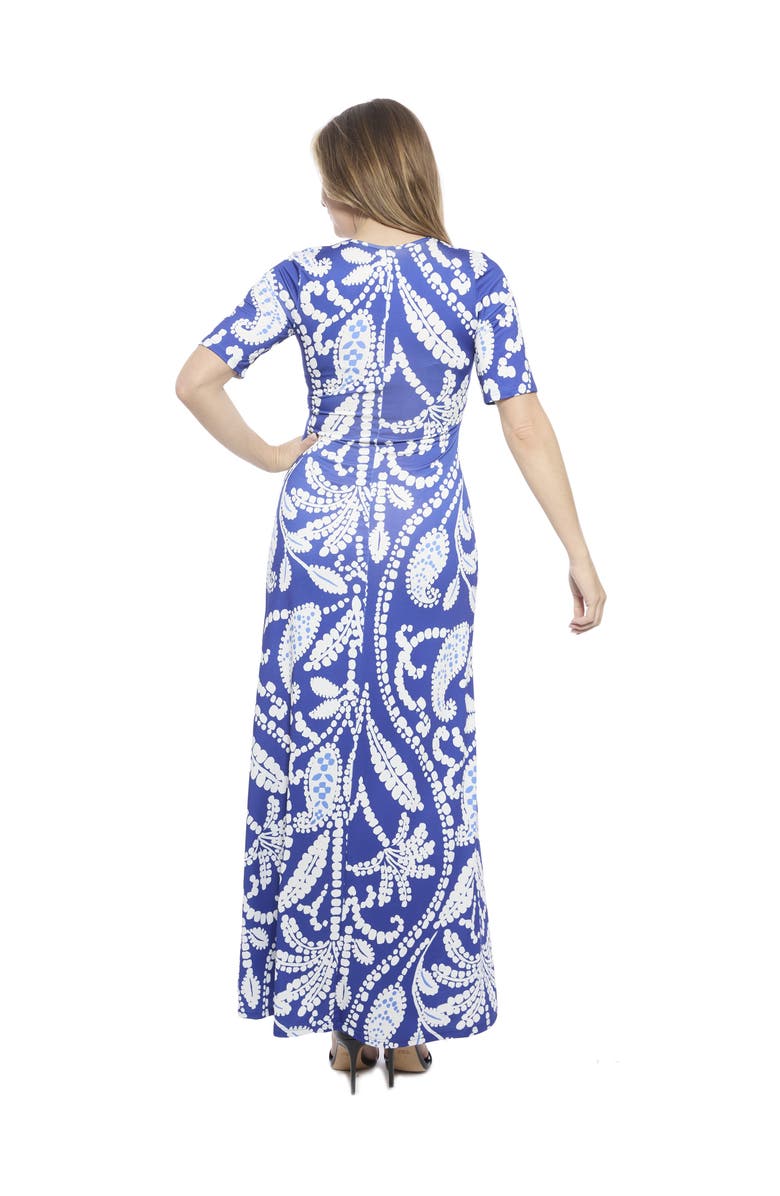 24seven Comfort Apparel Womens Essential Paisley Scoop Neck Elbow Sleeve A-Line Maxi Dress, Alternate, color, Blue Multi