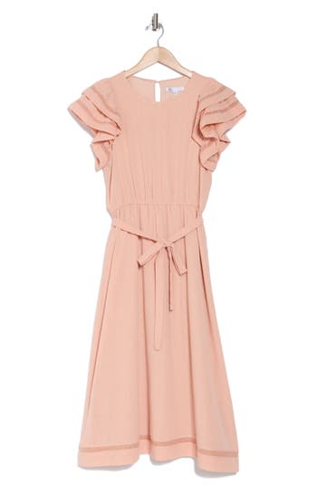 Daniel Rainn Dr2 By Double Ruffle Flutter Sleeve Fit & Flare Midi Dress In Pale Blush