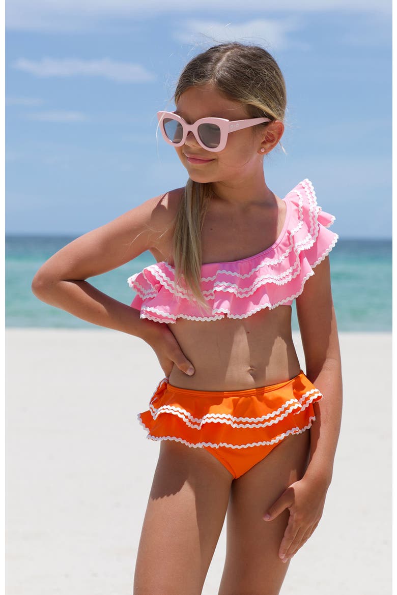 Kids' One Shoulder Pink-Orange Multi-Layered Ruffle Two-Piece Swimsuit, Alternate, color, Pink-Orange