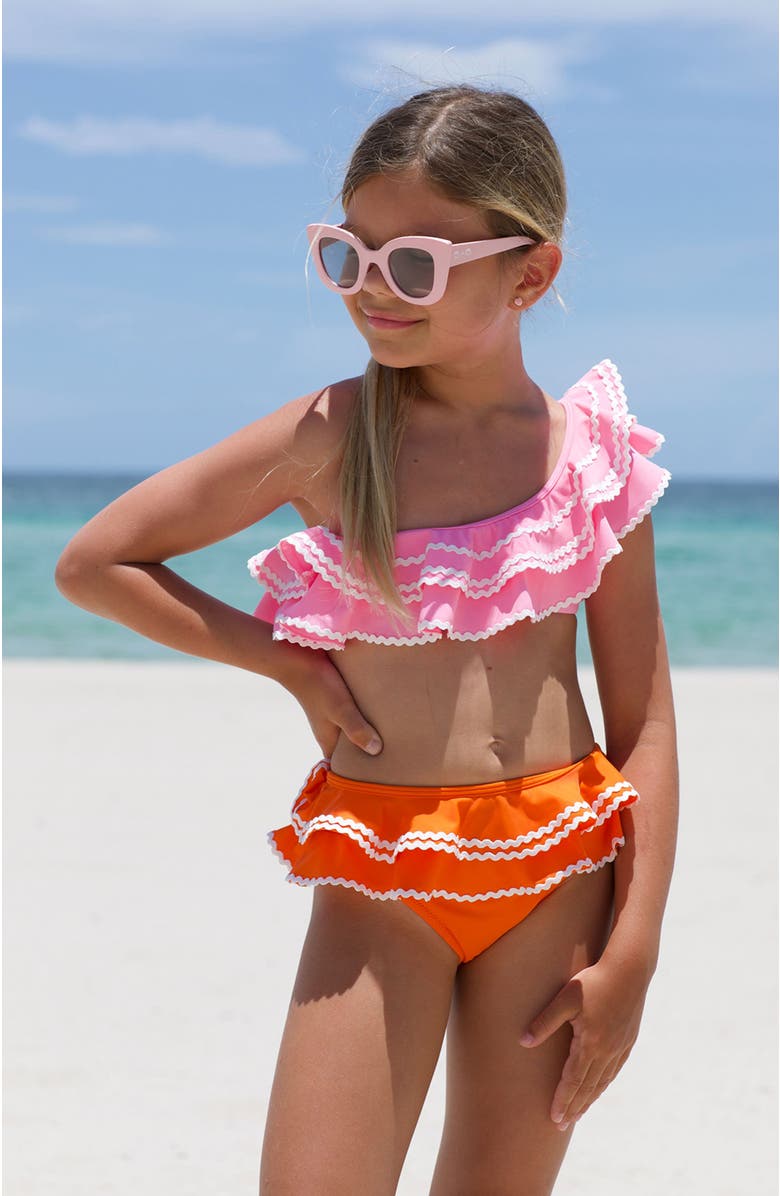 NESSI BYRD Kids' One Shoulder Pink-Orange Multi-Layered Ruffle Two-Piece Swimsuit, Alternate, color, Pink-Orange