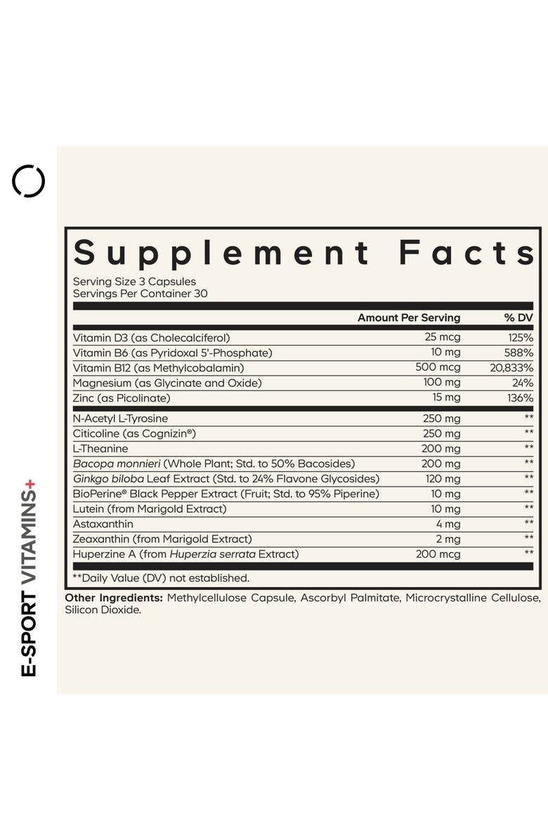 Codeage E-Sport Vitamins+ Citicoline Cognizin, Bacopa Monnieri, L-Theanine, Ginkgo, Lutein, Alternate, color, White