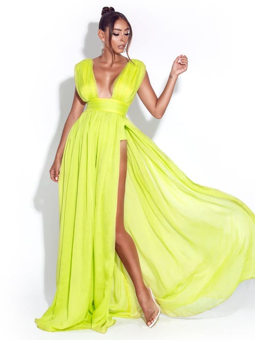 Miss Circle Valley Of Angels Chiffon Pleated High Slit Maxi Dress In Green