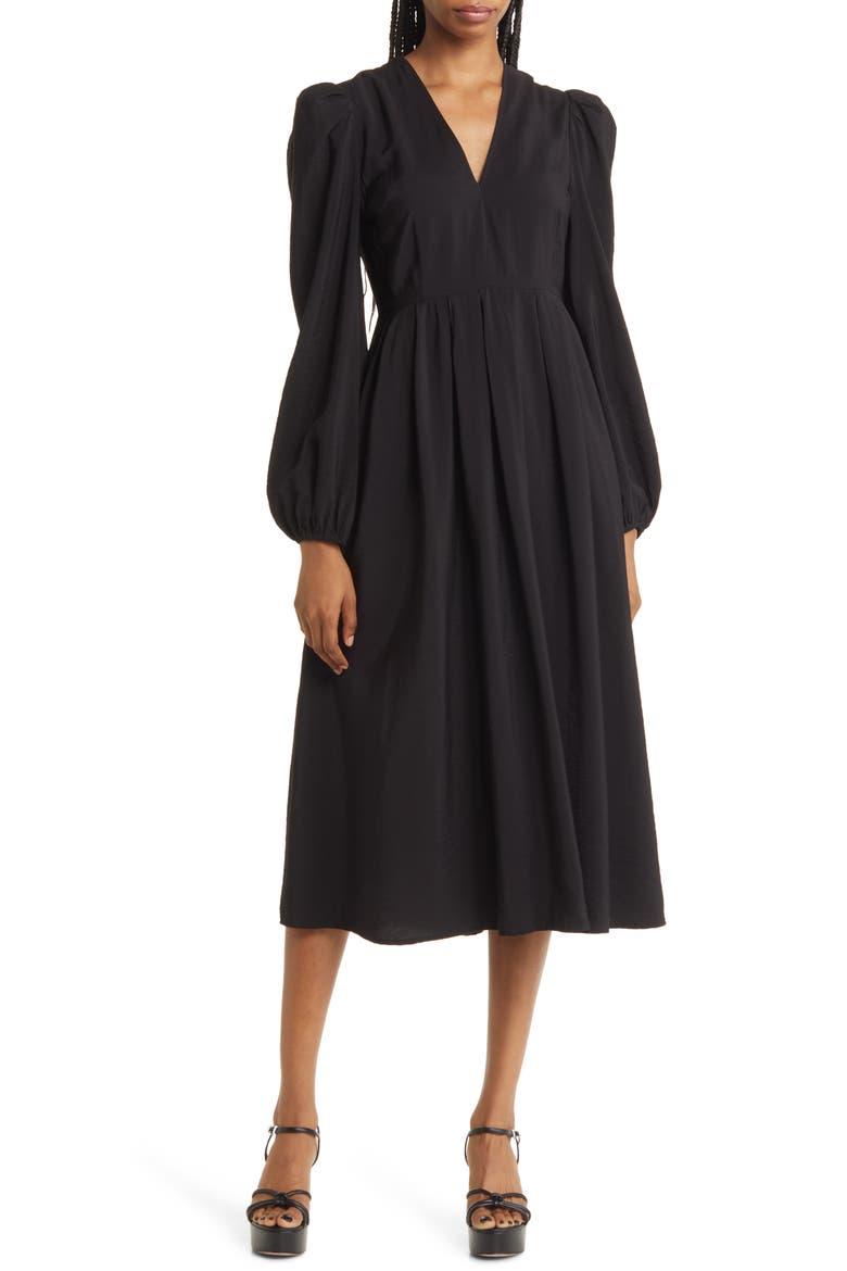 Pleated Puff Shoulder Long Sleeve Midi Dress, Main, color, BLACK