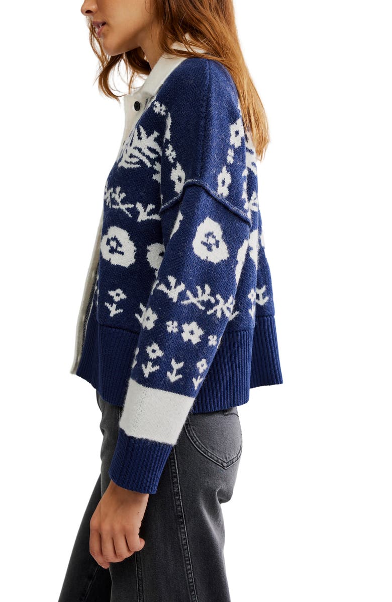Free People Shelby Floral Jacquard Cardigan, Alternate, color, Navy