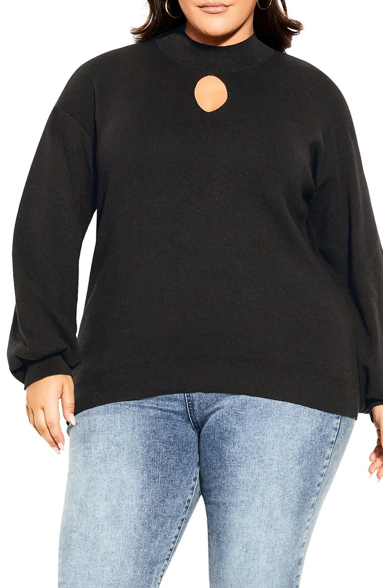City Chic Keyhole Mock Neck Sweater, Main, color, Black