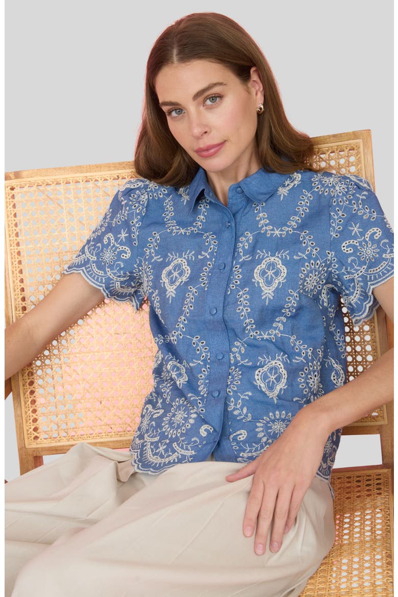 Embroidered Eyelet Cotton Button-Up Top, Alternate, color, BLUE