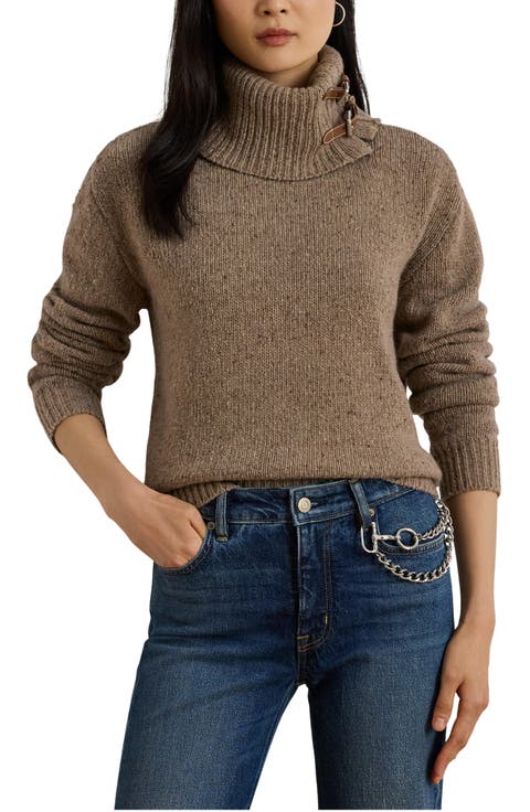 Wool Blend Buckle Trim Turtlneck Sweater