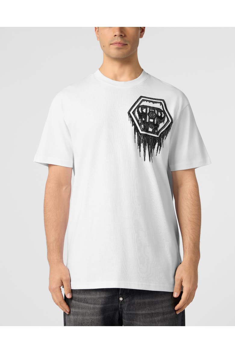 Round Neck T-Shirt Neon Space Hexagon Men, Main, color, white