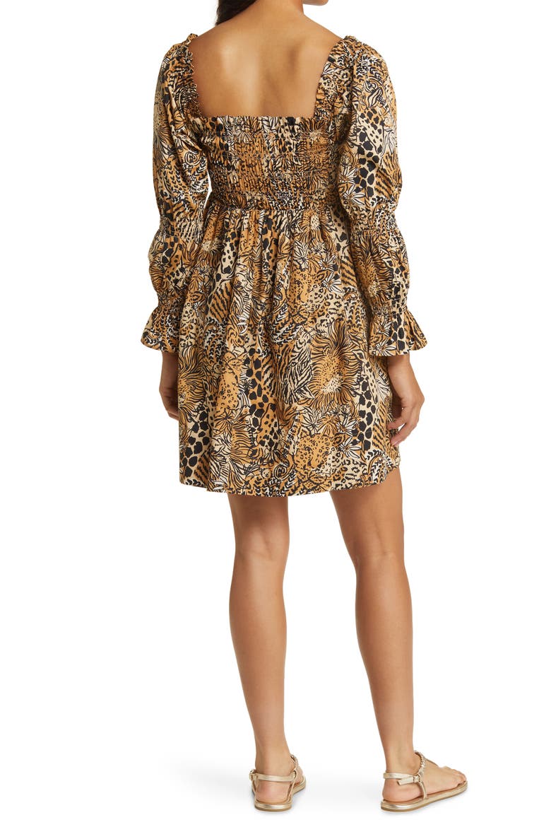 Beyonca Print Smocked Long Sleeve Dress, Alternate, color, RATTAN WALK ON THE WILD SIDE