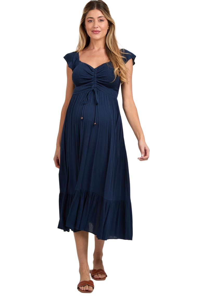 Smocked Ruched Ruffle Hem Maxi Dress, Alternate, color, Navy Blue