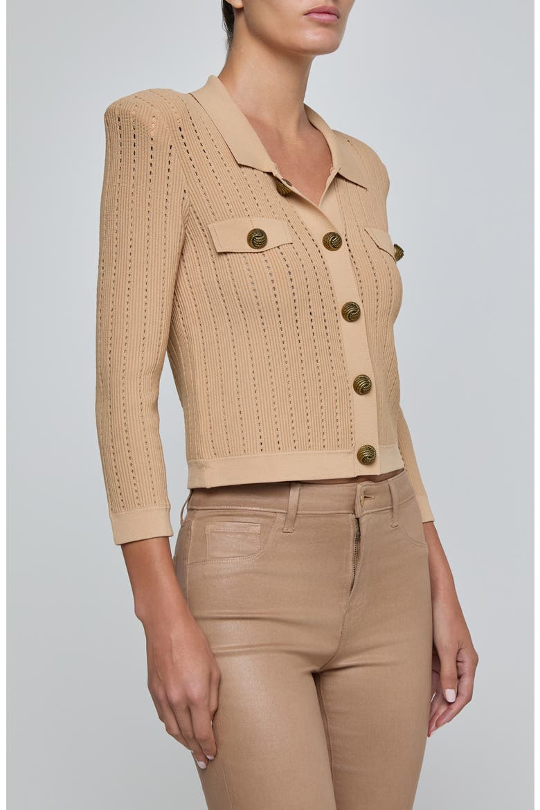 Risa Snap Front Pointelle Knit Cardigan, Alternate, color, LIGHT ALMOND/ GOLD