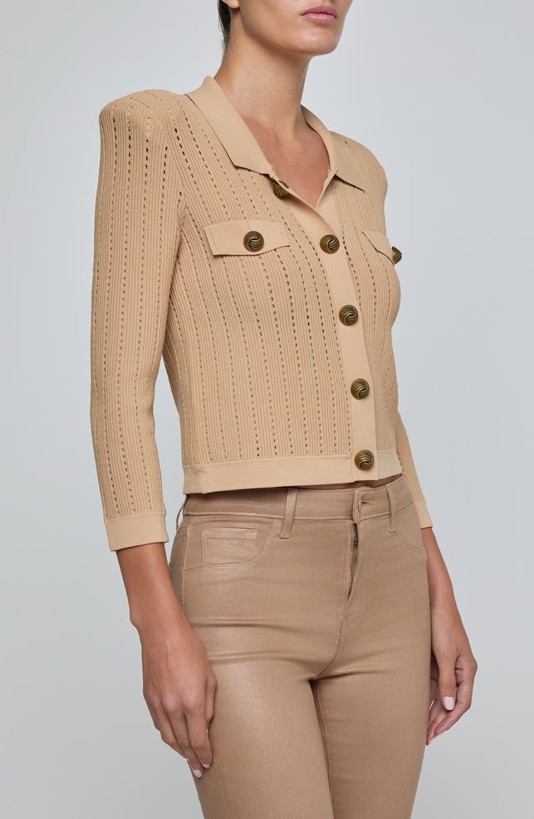 L'AGENCE Risa Snap Front Pointelle Knit Cardigan, Alternate, color, Light Almond/ Gold