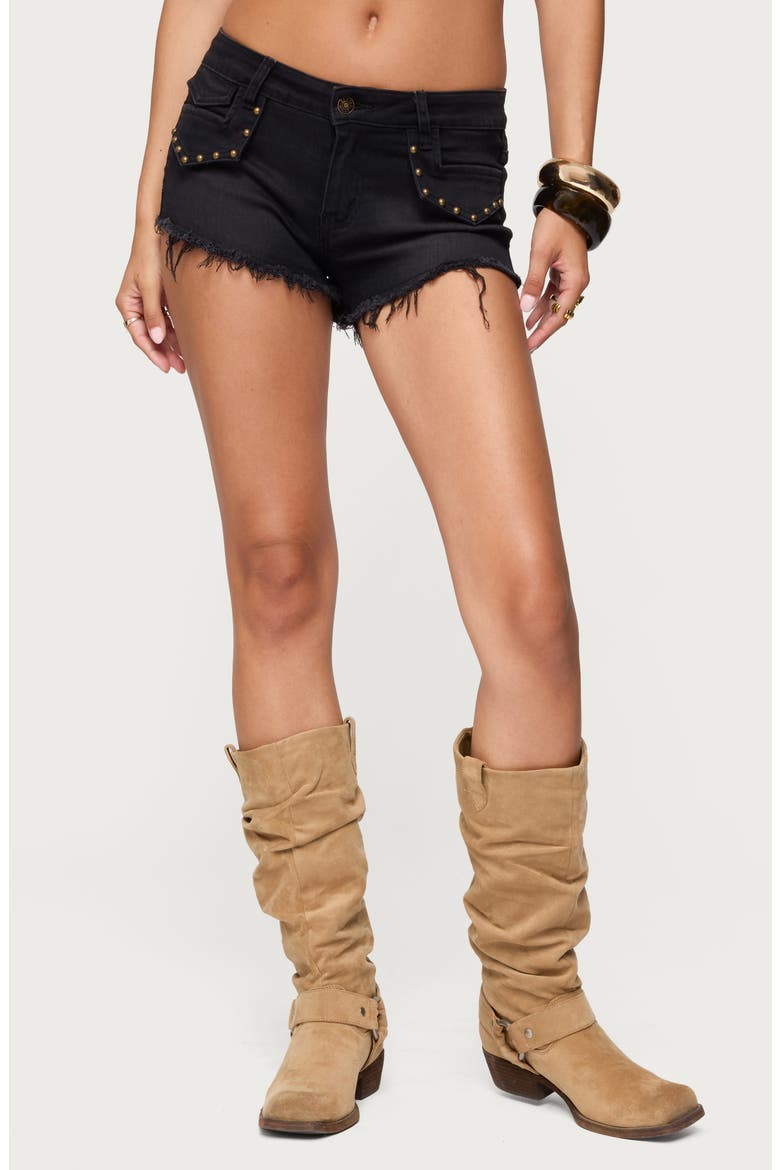 Studded Low Rise Denim Shorts, Main, color, BLACK